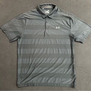 Under Armour HeatGear Gray Striped Polo Shirt Men’s Large Loose Fit Golf Top